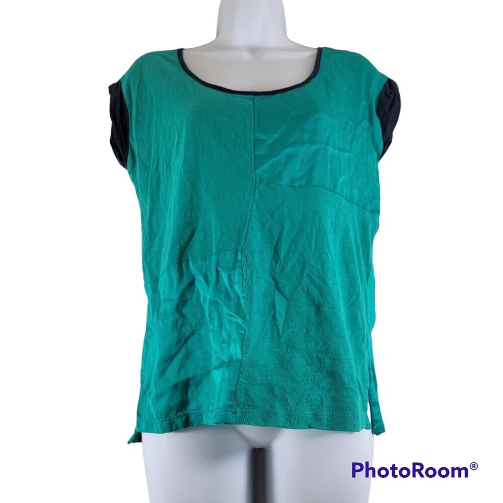 Lucky Brand Teal Navy Blue Short Sleeve Colorblock Blouse Size XS